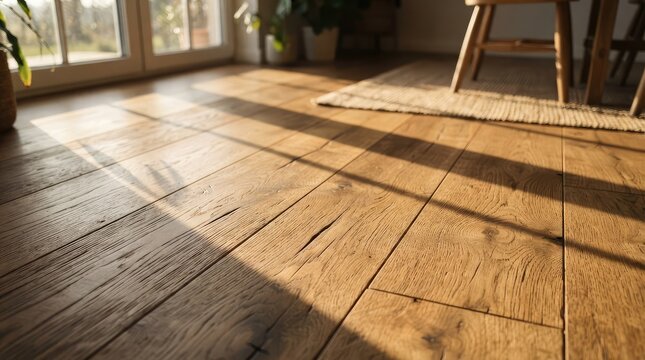 Sunlight streaming across rustic wooden floorboards