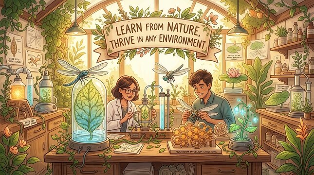 Children learning about nature and science in a vibrant greenhouse laboratory, studying plants and insects, inspiring environmental education and rese