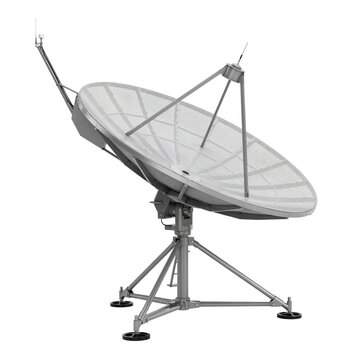Large metallic satellite dish antenna mounted on a sturdy tripod stand for telecommunications signal reception isolated on a transparent background
