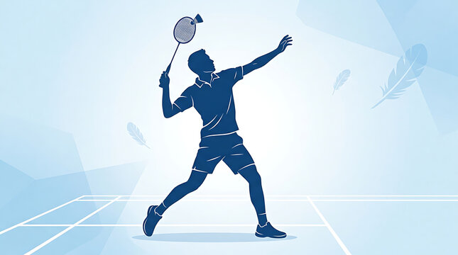 Silhouette of a male badminton player serving shuttlecock during a match with abstract light blue geometric shapes in motion