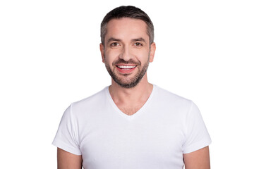 Fototapeta premium Close-up portrait of his he nice attractive content cheerful cheery bearded guy sportsman wearing tshirt isolated over light grey pastel color background