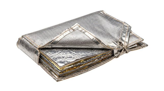 Emergency thermal blanket folded for survival kit, silver mylar space blanket, metallic heat reflective foil sheet on white background