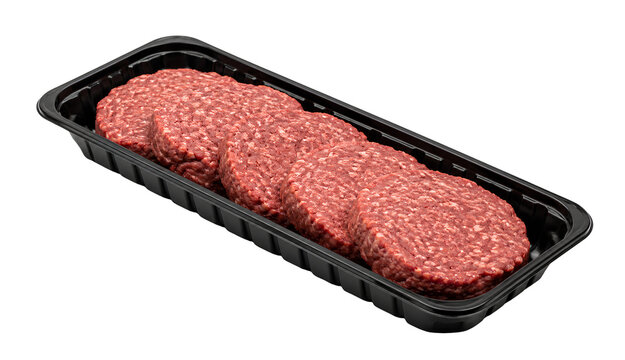 Beef hamburger patties in black tray for supermarket meat packaging and meal prep.