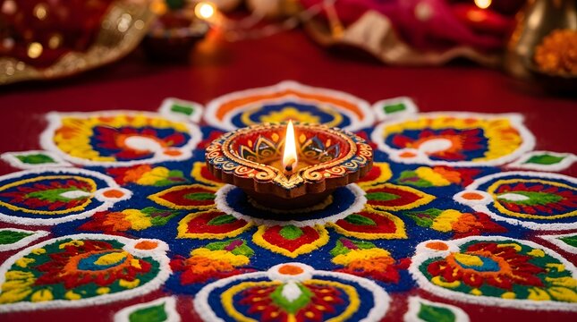Traditional diwali diya lamp on colorful rangoli pattern