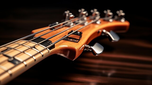 A photo of a bass guitar neck with a tuning peg.