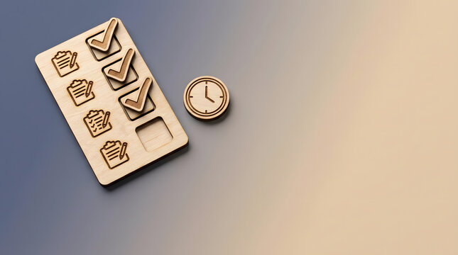 Time management, productivity and wooden checklist with clock for task organization, project efficiency and business planning. Agenda, schedule and completion with copy space, goal and priority work