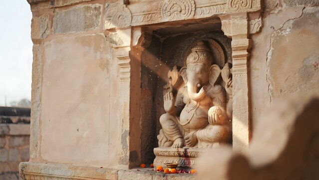Stone Sculpture of Lord Ganesha in Temple With Sunlight Rays