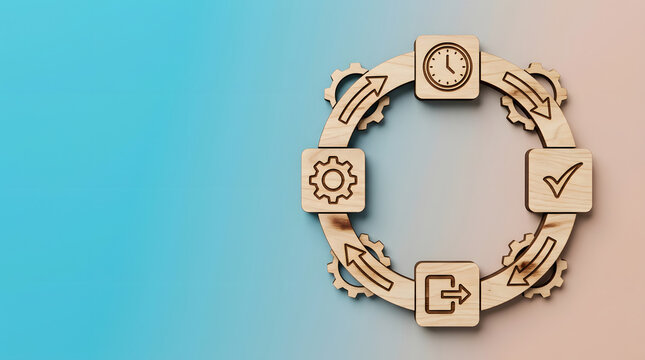 Business process management and workflow cycle with wooden icons for productivity, planning and time optimization. Successful strategy, development and automation with gears, clock and checkmarks
