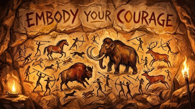 Cave Painting Depicting Prehistoric Hunt Scene with Mammoth, Bison, Horses, Deer and Hunters, Embody Your Courage Text