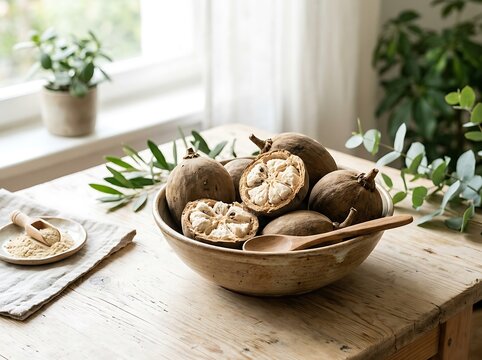 Fresh black sapote fruit in a ceramic bowl on a rustic kitchen table with green plant leaves. baobab fruit bowl 