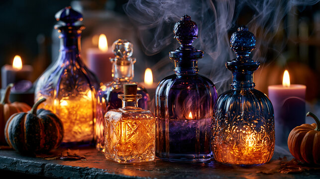 Mystical magic potions with glowing lights candles smoke and pumpkins