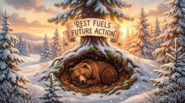 Bear hibernating in snowy forest during sunset with banner saying "Rest Fuels Future Action"