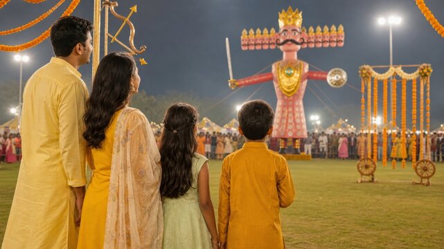 An Indian family celebrating Dussehra festival outdoors in the evening, watching a large effigy of Ravana burn during traditional cultural celebrations with festive lights and decorations.