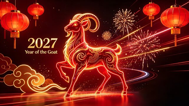 Chinese New Year 2027 Year of the Goat Red Neon Background