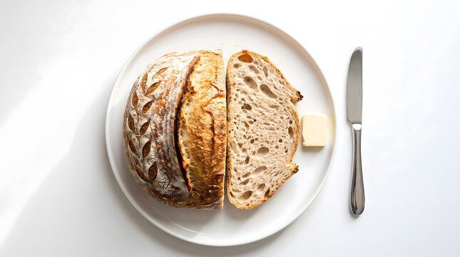Sourdough bread loaf cut in half showing open crumb, with butter and knife on white plate and top view