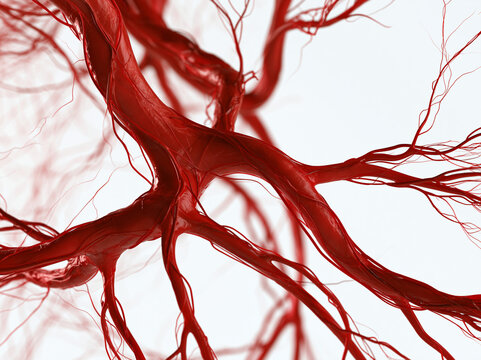 Detailed clean D render of healthy red vein blood vessel artery capillary medical biology anatomy closeup network flowing realistic isolated white background