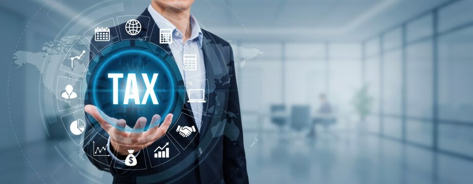 Businessman holding digital tax concept interface