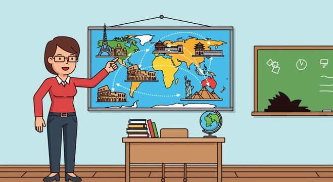 Teacher pointing at colorful world map in classroom 2.