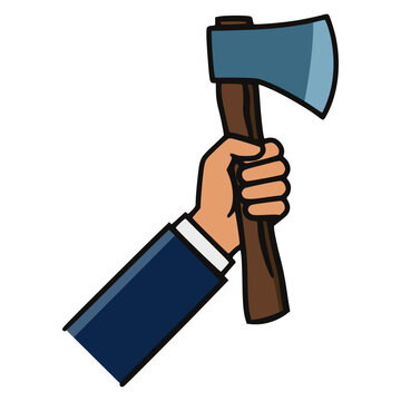 cartoon male hand holding axe cutting tool woodworking lumberjack flat color vector illustration template design