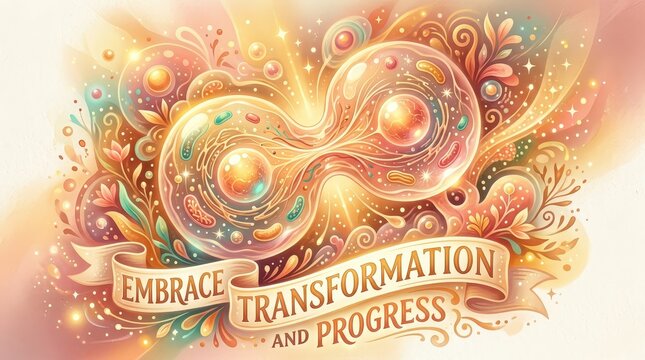 Beautiful abstract illustration of cellular division or growth, symbolizing transformation and progress with glowing organic shapes and a banner