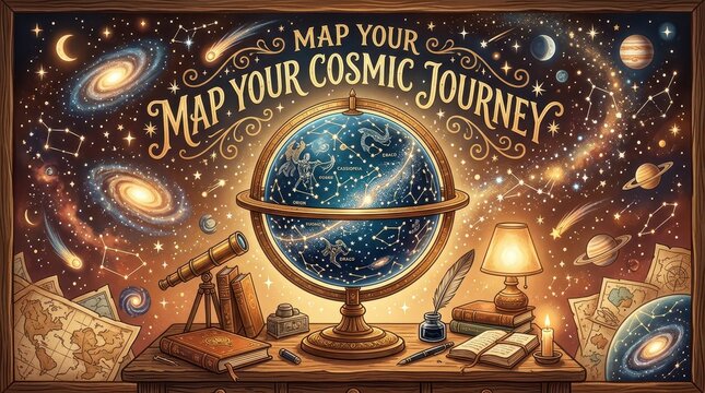 Celestial globe and vintage telescope on a desk with maps, stars, galaxies, and constellations, symbolizing cosmic journey and discovery