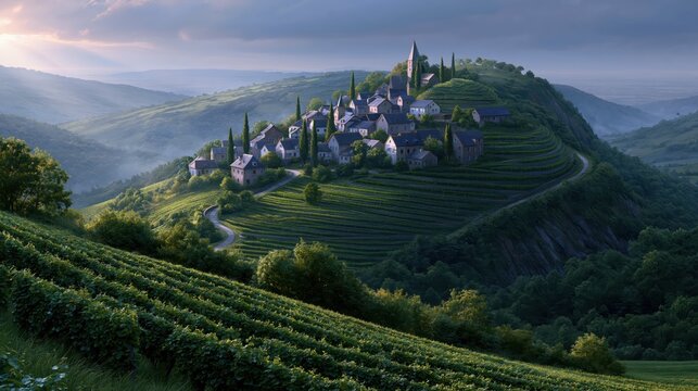 French vineyard village nestled on a sun-drenched hillside with rolling green hills during twilight