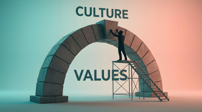 Culture, values and stone arch construction for corporate mission, vision and leadership foundation. Business, ethics and building together for growth, success and strength in workspace society.