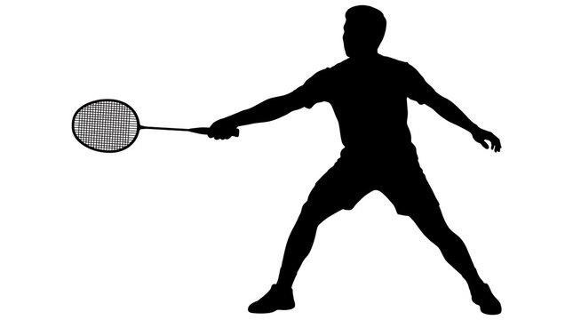 Man playing badminton during a match with racket in motion against a plain surface