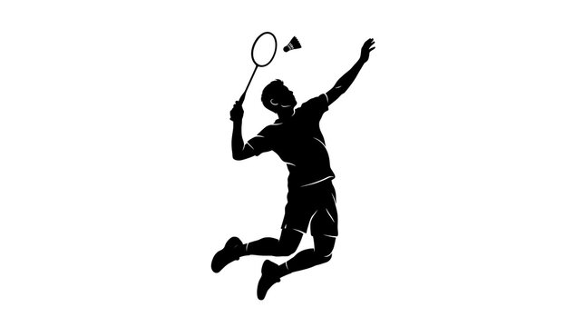 Man playing badminton in mid-air hitting shuttlecock with racket during a match with dynamic action isolated on a plain surface
