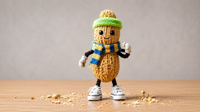 Adorable amigurumi knitted peanut toy with white sneakers  scarf and winter accessories on a wooden table