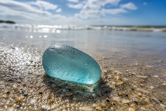 Smooth turquoise sea glass resting on a sunlit sandy beach shore.
