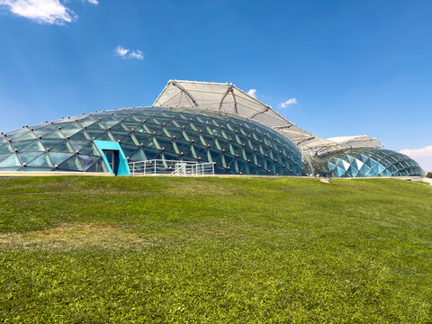 Konya, Turkey - August 4, 2026: Modern glass exterior of Konya Tropical Butterfly Garden in Selcuklu, Turkey