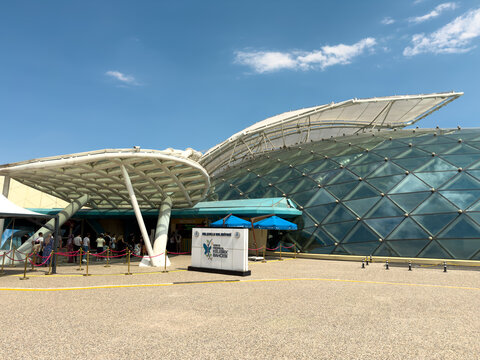 Konya, Turkey - August 4, 2026: Visitors at entrance of Konya Tropical Butterfly Garden in Selcuklu, Turkey