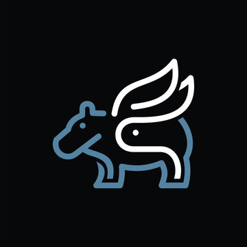 Hippo Rabbit Fusion Logo &ndash; Cute Simple Line Art Animal Logo Illustration Creative Design Template 
