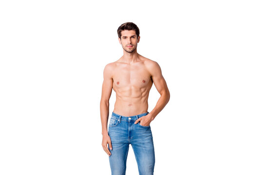 Portrait of his he nice attractive content muscular shirtless guy dandy perfect figure form shape pecs wearing jeans isolated over light white gray color pastel background