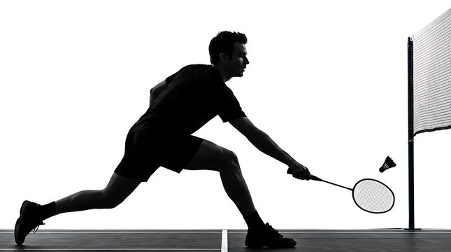Man playing badminton with racket and shuttlecock during a match with net in silhouette