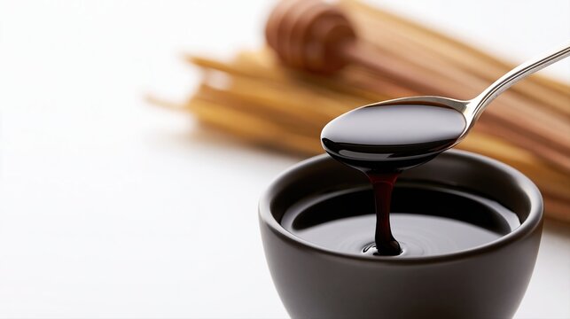 Dark molasses dripping honey bowl with dipper