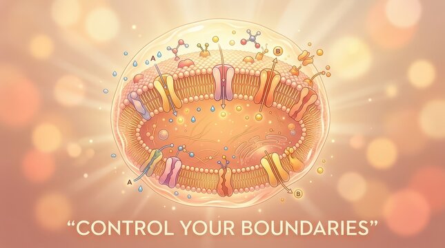Cell membrane illustration with channel proteins and molecular transport, representing cellular boundaries and control