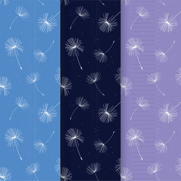 A set of three seamless paper patterns with white dandelions on a blue and purple background