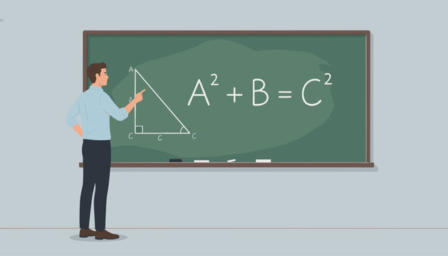 Male math teacher standing in front of a green chalkboard pointing at a right triangle diagram and the pythagorean theorem.