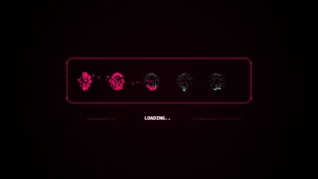 Futuristic digital loading screen with red glowing particle spheres and interface elements