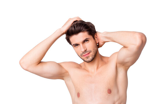 Close up photo of brutal macho man look mirror touch clean hairdo enjoy spa salon anti dander effect isolated over grey color background
