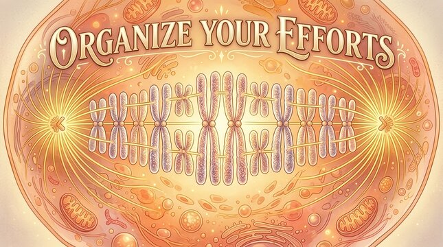 Cell Division Metaphase Chromosome Alignment with "Organize Your Efforts" Text - Scientific Illustration