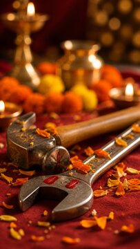Traditional Ayudha Puja celebration with tools like a hammer and wrench decorated with marigold flowers, kumkum, and glowing oil lamps on a red fabric, symbolizing respect for labor and craftsmanship.