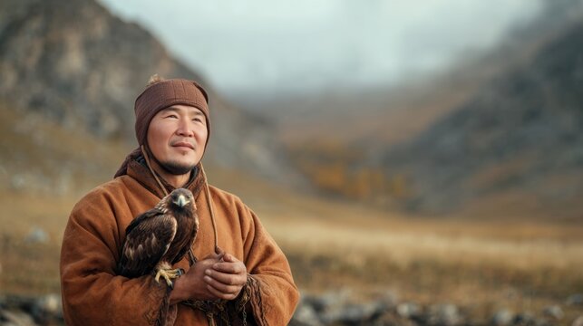 Traditional Kazakh Eagle Hunter with Golden Eagle in Steppe Landscape Representing Kazakhstan Nomadic Heritage and Falconry