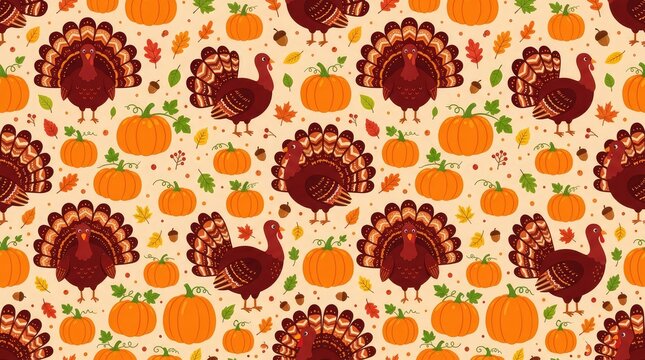A vibrant and festive pattern showcasing plump turkeys and cheerful pumpkins embodying the spirit of canadian thanksgiving a time for gratitude and family