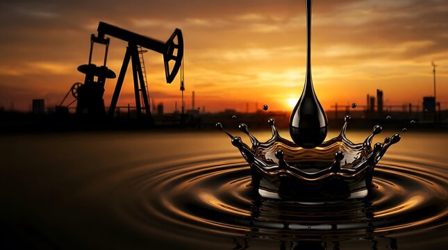 A conceptual image showing a crown shape created by a drop of crude oil falling into a dark liquid with an oil pump jack silhouette