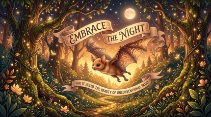 Fototapeta premium Enchanting bat flying through a magical forest at night with glowing lights and a full moon