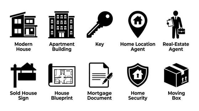 Real Estate Icons collection with modern house and agent during sale concept