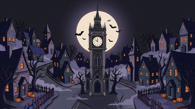 Spooky halloween night in a dark and mysterious cityscape